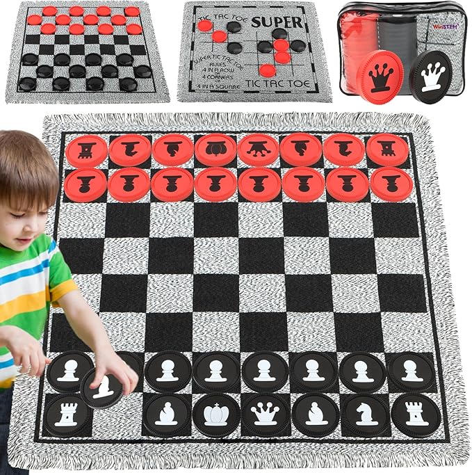 Giant 4 in 1 Chess Set,Jumbo Chess & Giant Checkers & Large Tic Tac Toe, Giant Chess Board Game for Kids Adults,Including 2 Extra Queen,Large Checkers Rug Game Mat, Indoor Outdoor Games Camping Party