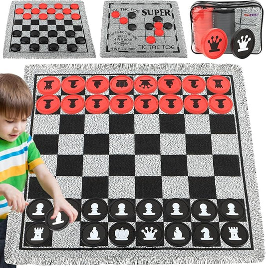 Giant 4 in 1 Chess Set,Jumbo Chess & Giant Checkers & Large Tic Tac Toe, Giant Chess Board Game for Kids Adults,Including 2 Extra Queen,Large Checkers Rug Game Mat, Indoor Outdoor Games Camping Party