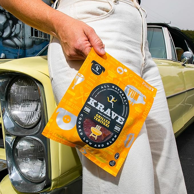 KRAVE All Natural Pork Jerky, Grilled Teriyaki - Protein Packed Snacks Roasted for Maximum Flavor - Premium Tender Meat Cuts - Gluten Free - 2.7 Ounce