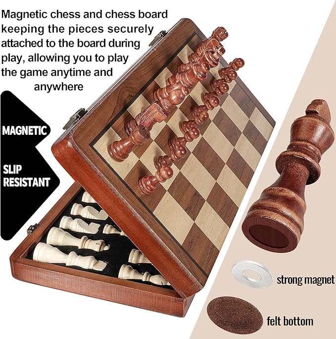 Magnetic Wooden Chess & Checkers Board Game - 15" Folding Chess Board(2 in 1)- Handcrafted Chesspiece (includes 2 Extra Queens) and Storage Slots- Portable Travel Board Games for Adults Kids, 6 up Age