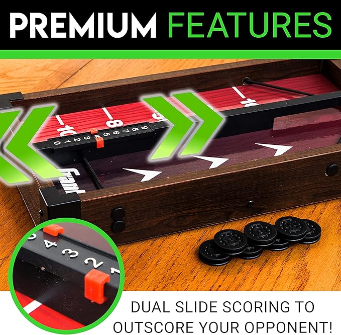 Franklin Sports Shuffleboard and Sling Puck Game - Slingshot Hockey and Shuffleboard Set with Pucks and Game Boards - 8 Mini Pucks and Slings Included