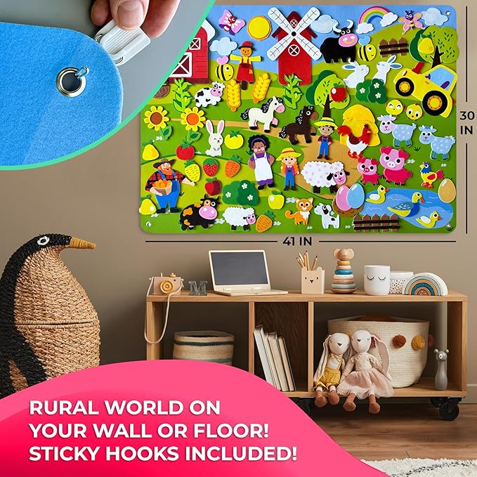 QUOKKA Farm Felt Board for Toddlers - 70 PCS Double-Thick Story Set with Large 41x30 Inch Durable Wall Activity Board - Ideal for Indoor Storytelling and Classroom Activities