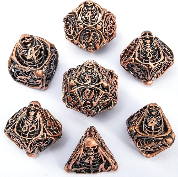 Metal Skull Dice Set Hollow Multi-Sided Dungeons & Dragons Dice 7CPS Role-Playing Dice Set with Flannel Bag Suitable for D&D Board Game Cards(Antique red Copper)