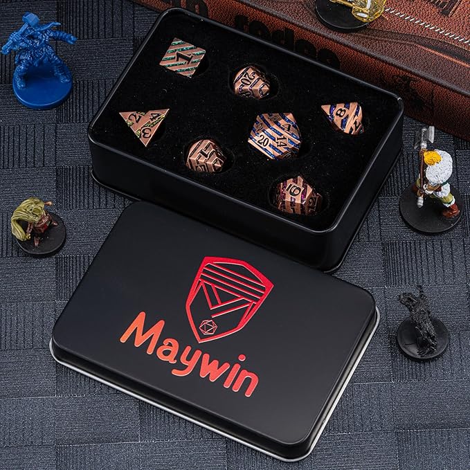 Metallic Glitter Stripes D&D,DND Metal Dice,7pcs Polyhedral Dice Set with Gift Case for D&D Tabletop Game (Antique Red Copper Seven Colors)