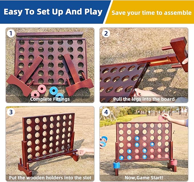 Vintage 26X22In Giant Wooden 4 in a Row, Outdoor Yard Game for Adults Famliy, with 42 Pcs Chips & Durable Carrying Bag, Halloween Christmas Party Game Gifts for Lovers