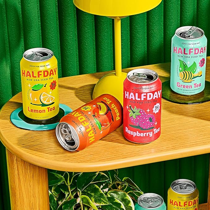 HALFDAY Prebiotic Iced Tea Lemon, Peach, Raspberry and Green Tea with Honey & Ginseng Variety Pack, Gut Health, Plant Fiber & Prebiotics, Low Sugar, 35 Calories, Natural Caffeine, 12 fl oz (12 pack) Packaging May Vary