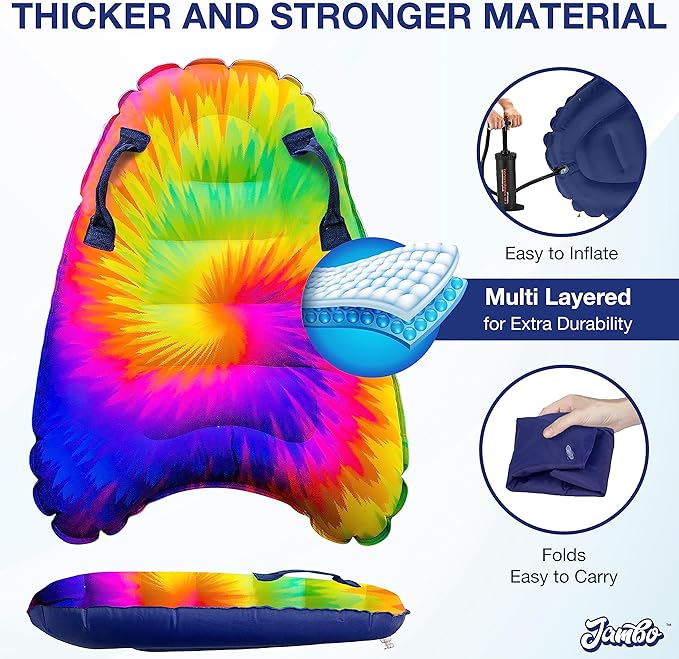 JAMBO Inflatable Surf Body Board with Handles, Boogie Board for Beach, Surfing Swimming Floating Surfboard Boards, Pool Floats Pool Beach Toy for Kids (Tie-Dye, Water Color and Color Spiked) - 3 Pack