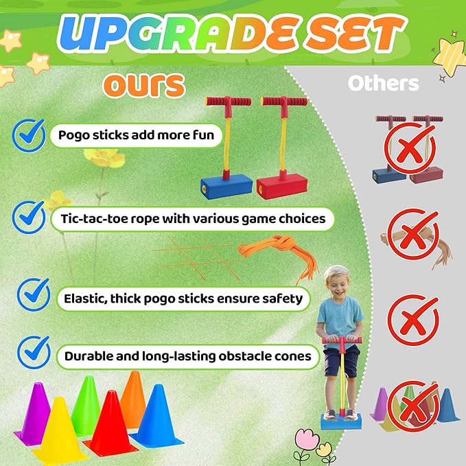 50PCS 6-in-1 Carnival Outdoor Game Combo for Kids, Foam Pogo Jumper, Giant Tic Tac Toe, Soft Plastic Cones Bean Bags Ring Toss Game, Perfect for Birthday Parties, Family Reunions, Field Days Yard Play