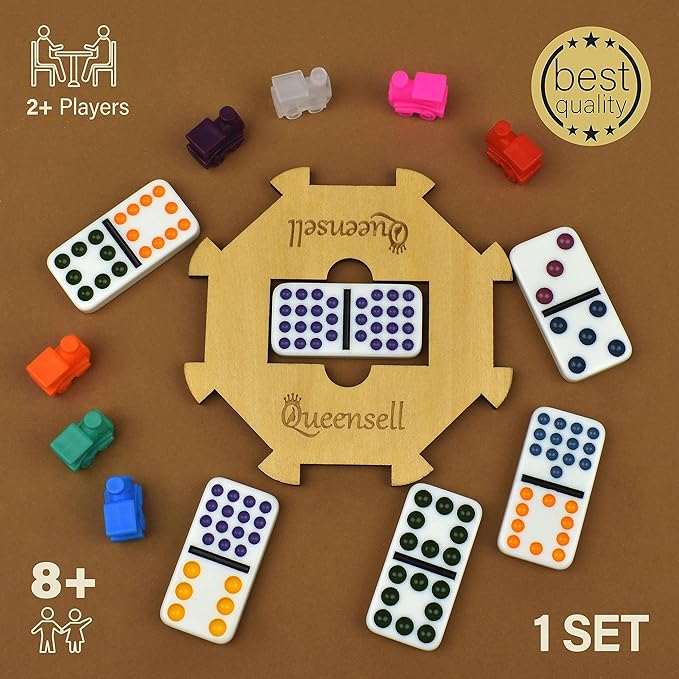 Queensell Mexican Train Dominoes Set Double 15, Dominoes Set for Adults and Family, Mexican Train Double 15 Dominoes Set Colored Dot - 136 Tiles, 9 Trains, Wooden Hub, Aluminum Case (Double 15)