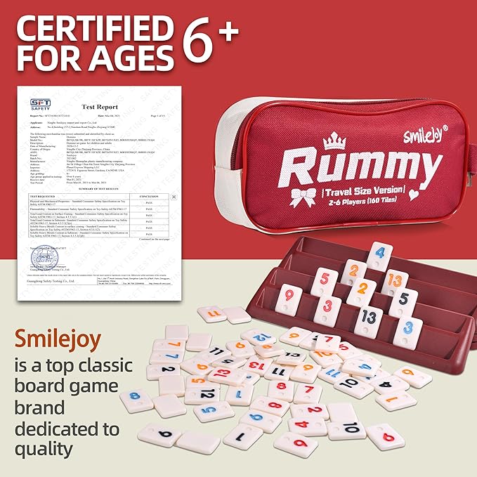 Mini Rummy Cube Six Player Edition, Travel Rummy Game Set with Portable Canvas Bag,Classic Board Game for Adults and Kids |160 Tiles|6 Playing Racks|1 Dice (2-6 Player)