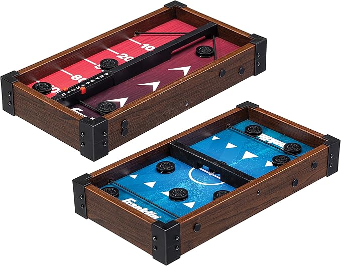 Franklin Sports Shuffleboard and Sling Puck Game - Slingshot Hockey and Shuffleboard Set with Pucks and Game Boards - 8 Mini Pucks and Slings Included