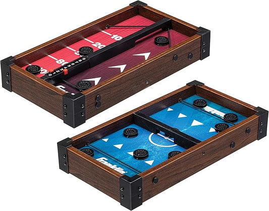 Franklin Sports Shuffleboard and Sling Puck Game - Slingshot Hockey and Shuffleboard Set with Pucks and Game Boards - 8 Mini Pucks and Slings Included