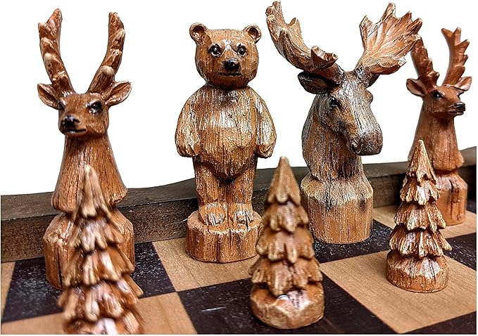The Bridge Collection Forest Crowd Chessboard - Wooden Chess Board Set - Nice Chess Set for Adults - Exotic Chess Set for Mountain Lodge Cabin Decor