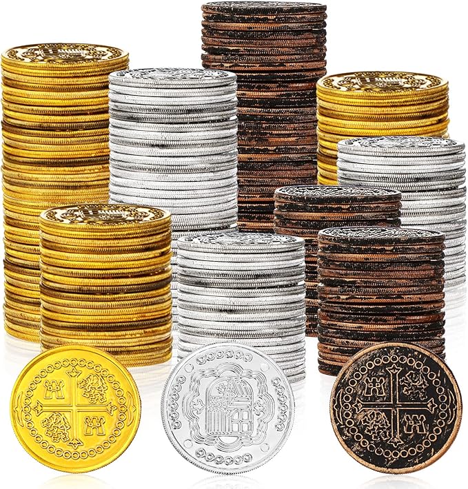 Hanaive 500 Pcs Plastic Pirate Gold Coins Spanish Doubloon Replicas Bulk Kids Fake Play Coins for Pirate Party Treasure Chest Board Games Tokens Toys Cosplay(Cross)