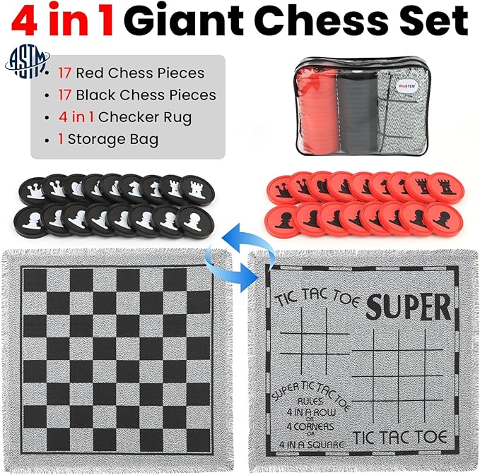 Giant 4 in 1 Chess Set,Jumbo Chess & Giant Checkers & Large Tic Tac Toe, Giant Chess Board Game for Kids Adults,Including 2 Extra Queen,Large Checkers Rug Game Mat, Indoor Outdoor Games Camping Party