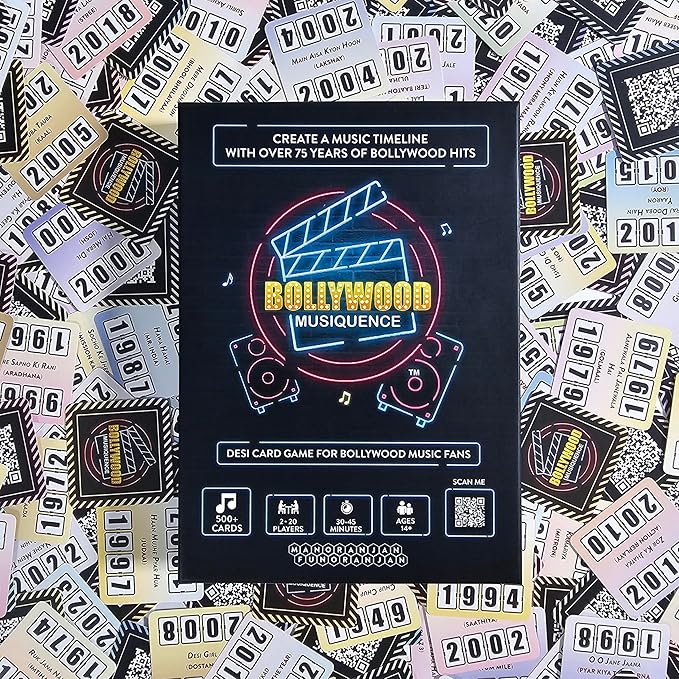 The Bollywood Music Party Card Game, Fun Hindi Music Filmi Trivia Card Game, 2-24 Players, 500 Plus Indian Music Hits Cards, Great for Desi Friends and Family Game Nights and Parties