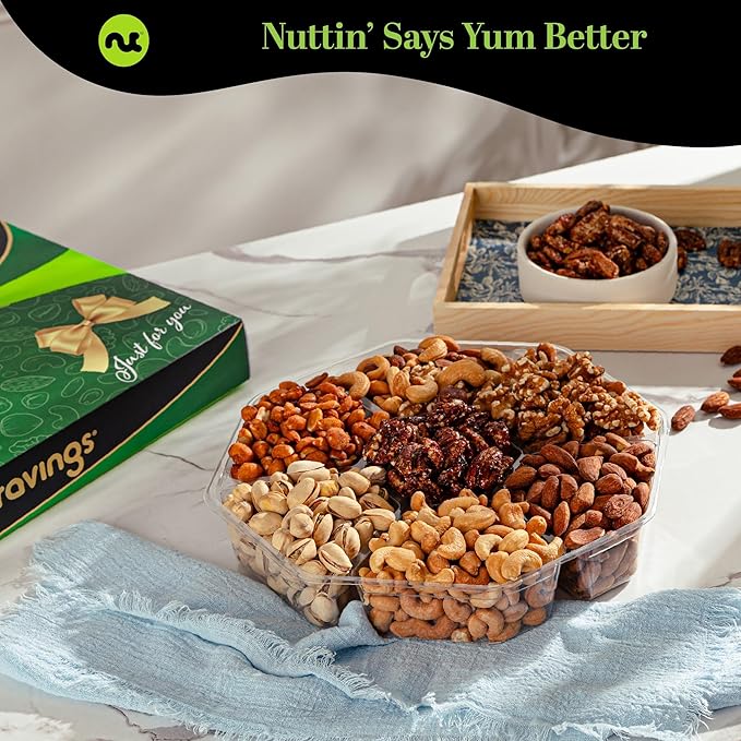 NUT CRAVINGS - Mixed Nuts Gift Basket in Green Gold Box (7 Assortments, 2 LB) Food Arrangement, Healthy Snack Care Package, Kosher