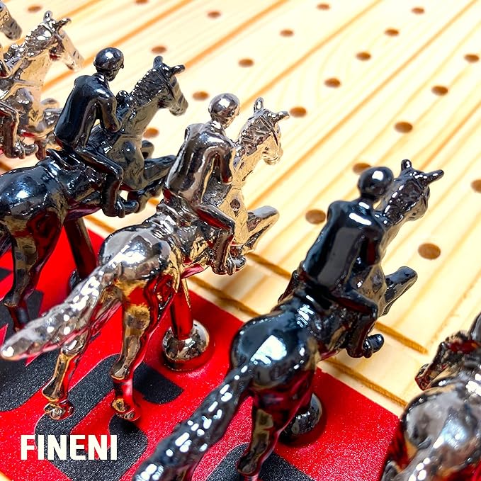 Horse Racing Game for Adults, Horse Race Board Game with 11 Luxurious Metal Horses (Silver, Black), 22” Pine Wood Horse Race Game Board, Dice & Card Included (Log Color2)