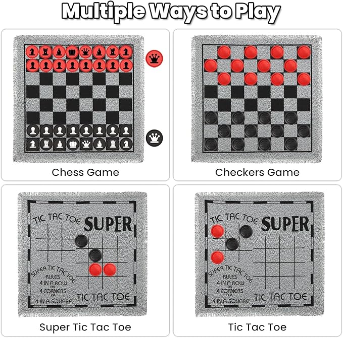 Giant 4 in 1 Chess Set,Jumbo Chess & Giant Checkers & Large Tic Tac Toe, Giant Chess Board Game for Kids Adults,Including 2 Extra Queen,Large Checkers Rug Game Mat, Indoor Outdoor Games Camping Party