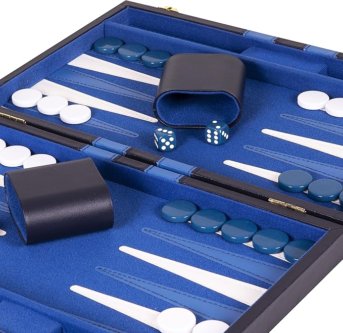 Backgammon Set 15 inch, Medium - Classic Board Game for Adults and Kids with Premium Leather Case - Includes Strategy & Tip Guide (Blue)