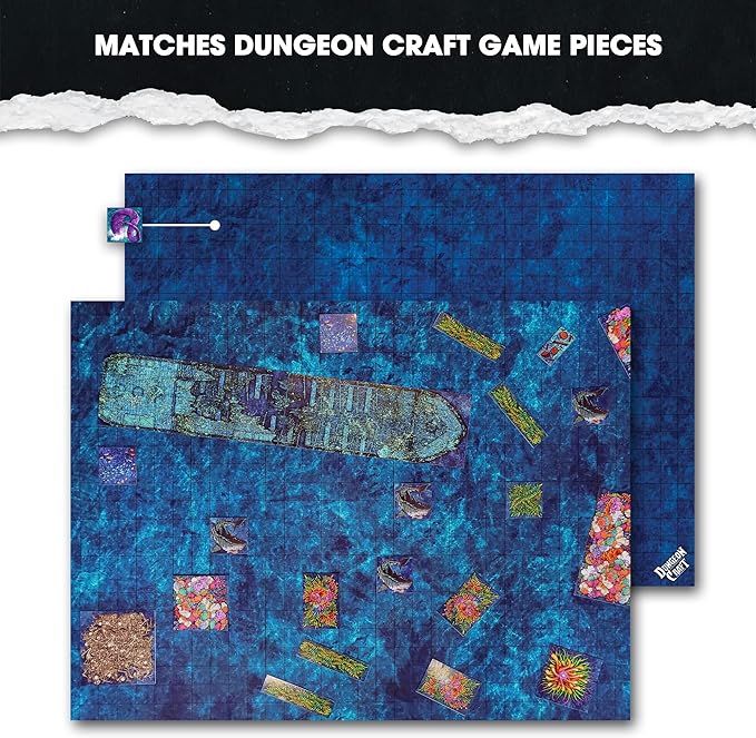 DUNGEON CRAFT Battle Map for DND & RPG – Double-Sided Gloss Laminated 24"x33" Mat with 1" Grid – Wet/Dry Erase Tabletop Terrain – Ocean Pack