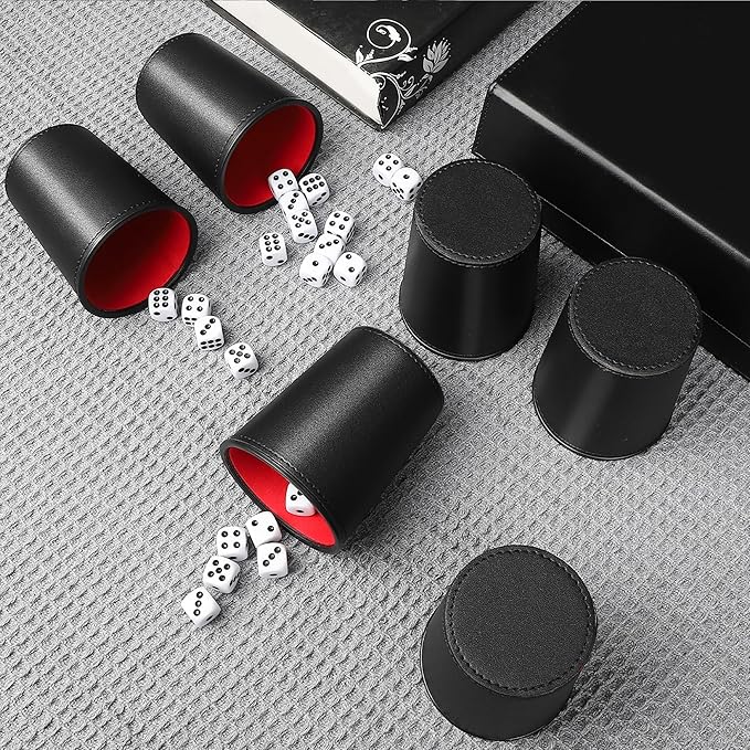 5X Dice Cup Set, PU Leather Dice Shaker Cups with 30 Dices for Bar Party Yahtzee Farkle Dice Games, Coffee (5, Black Red)