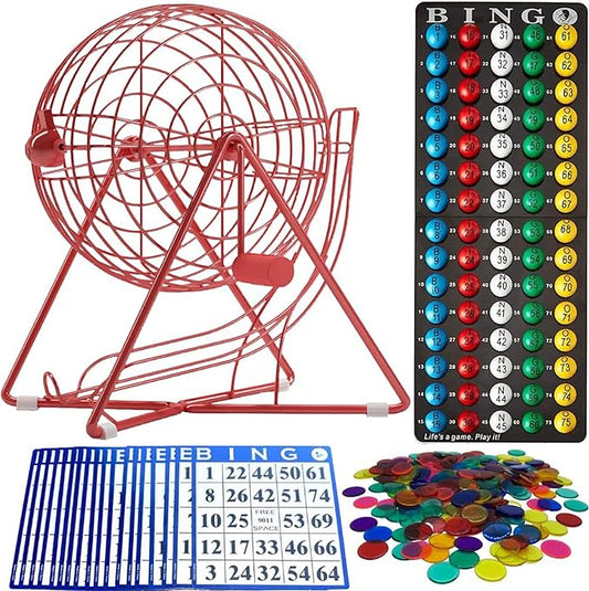 MR CHIPS 11" Tall Bingo Set with Steel Cage Professional Game Everlasting 7/8” Balls, 18 Cards and 300 Chips - Lucky Red Color