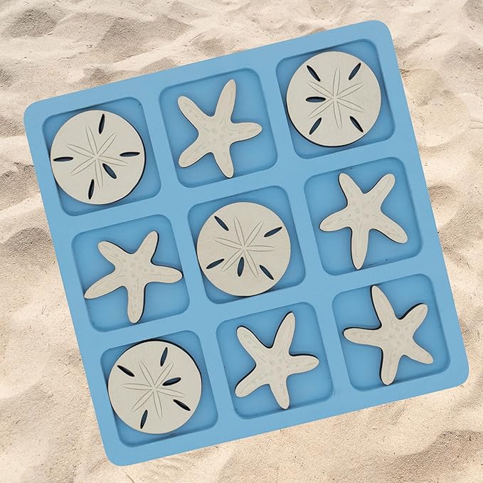 Beach Tic Tac Toe Game – Coastal Wooden Board Game with Sea Star vs Sand Dollar Pieces, Beach House Coffee Table Decor, Classic Two-Player Game, White Elephant Gift, 8.63-Inch Tic Tac Toe with Easel