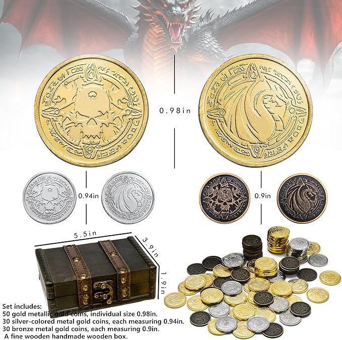 Metal Pirate Coins, 110 Pieces Lots of Toys Gold Coins for Board,for DND Props Accessories, Treasures and Treasure chests Fantasy Dragon Coinsfor RPG Tablelap
