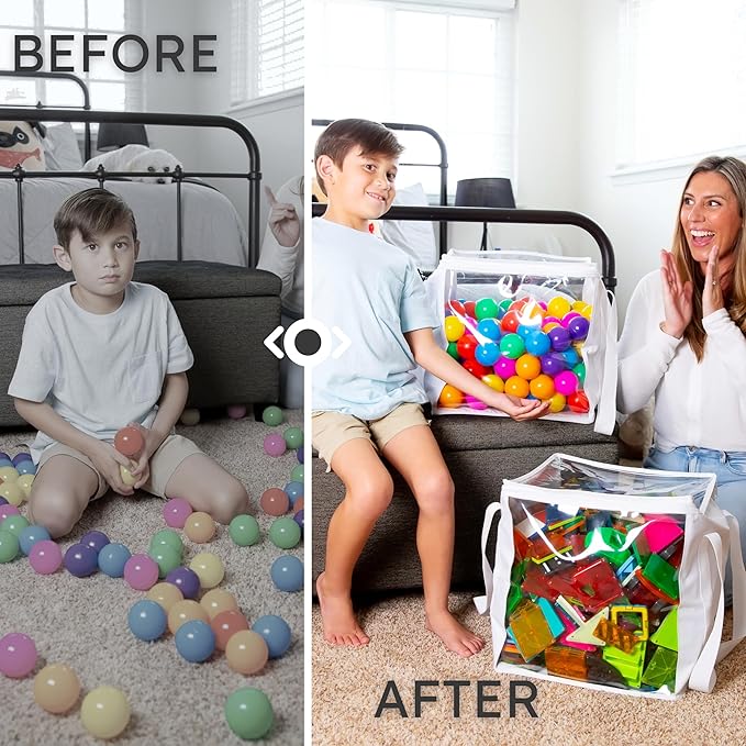 2 Pack Extra Large Toy Storage Clear Bags with Zipper 14"x14"x14" Clear Plastic Bins with Handle, Toy Organizer for Kids playroom, Blocks, Clothes, Stuffed Animal Storage