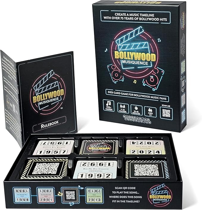 The Bollywood Music Party Card Game, Fun Hindi Music Filmi Trivia Card Game, 2-24 Players, 500 Plus Indian Music Hits Cards, Great for Desi Friends and Family Game Nights and Parties