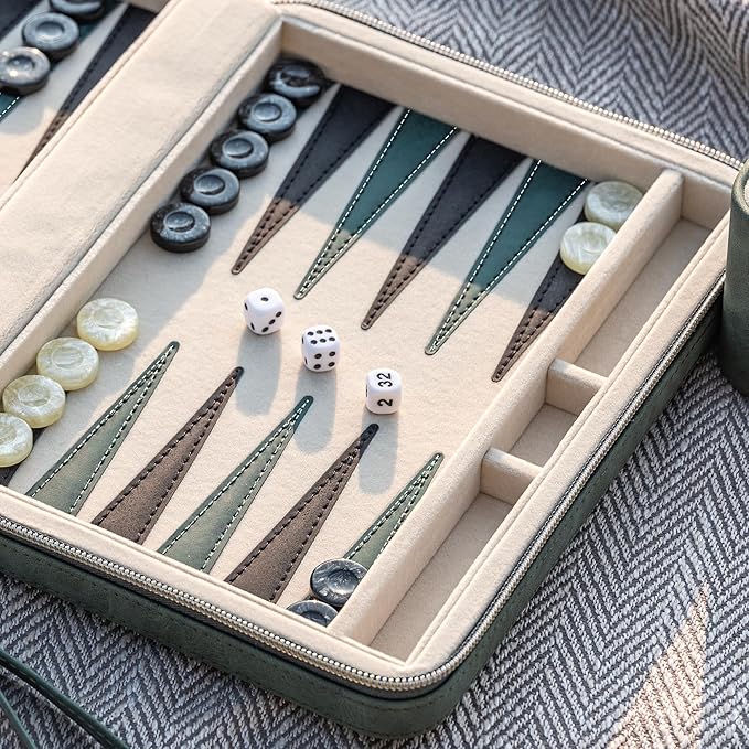 Backgammon Sets for Adults, Classic Board Game with Folding Leather Backgammon Case, Portable Travel Backgammon Game Set (Green)