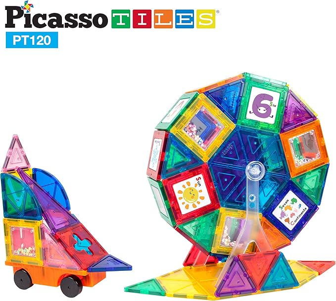 PicassoTiles 120pc Master Builder Magnetic Building Block Construction Set Toy Blocks with Ferris Wheel, Castle Click-in, 28 Educational Alphabet Animal and Number Graphic Card, Car Truck Windmill