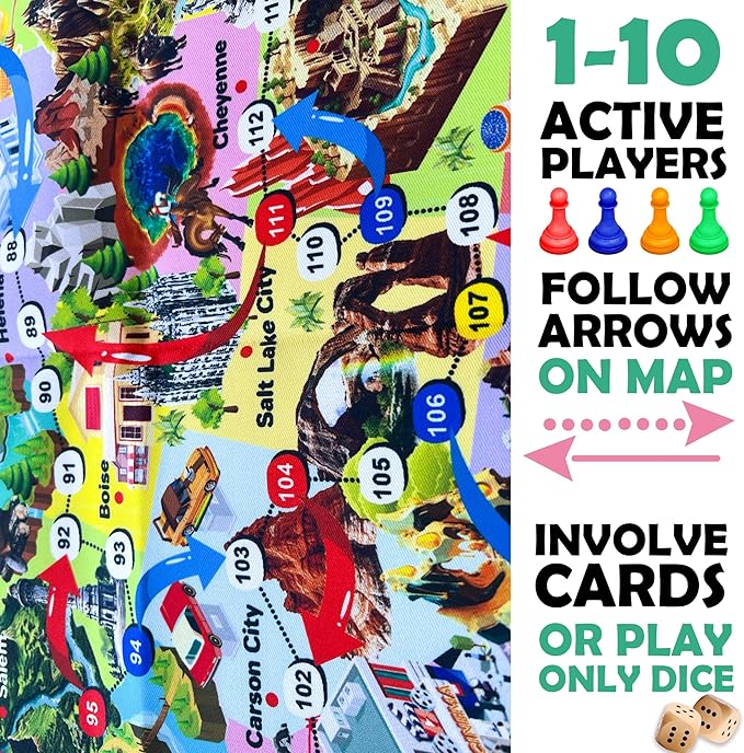 QUOKKA Board Game 1 to 10 Players - Learning, Educational - Geography, United States - 120 Question Cards, Top Facts - Indoor, Outdoor - Kids, Teens, Adults, Family