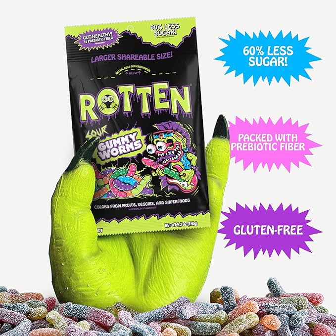 Rotten Sour Gummy Worms - Low Sugar, Low Calorie, 7g Gut-Friendly Prebiotic Fiber and 3g Protein, Gluten Free Candy - 5.3 oz Share Pack [2 Pack]
