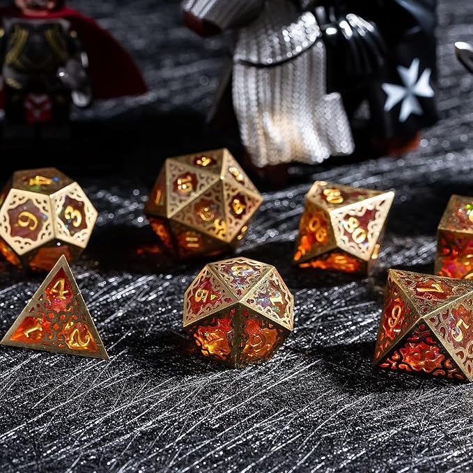 Cusdie 7-Piece Metal Frame Sharp Edges DND Dice Set with Metal Frame- Perfect for Tabletop RPGs Board Games Gifting and Collecting(Red and Yellow)