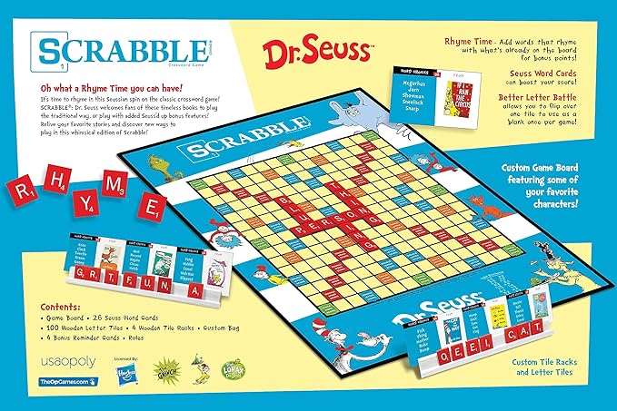 Scrabble Dr. Seuss Board Game | Official Scrabble Game with a Rhyming Twist | Custom Dr. Seuss Cards and Themed Scrabble Board | Bonus Points | Play Traditional Rules Plus New Features
