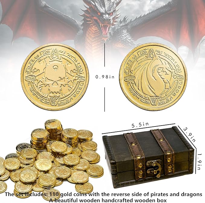 Dragon Gold Metal Pirate Coin-110 Coin Treasure Set, Suitable for Board, Tokens, Simulated Currency, Treasure chests, for and DND Metal Tokens for Dungeons and Dragons (Gold 110 Pieces)
