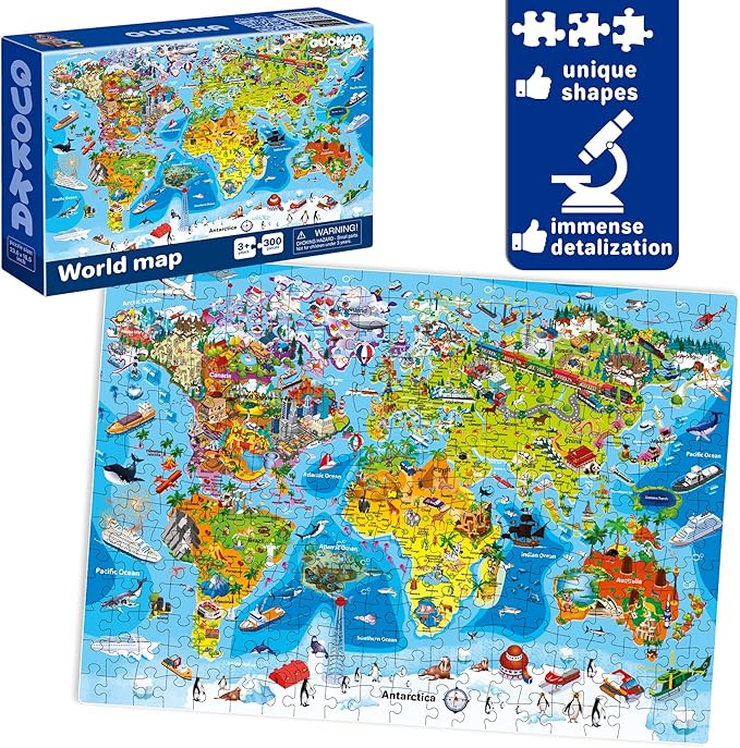 QUOKKA Puzzles for Kids Ages 4-6 - 3 Set 300 Piece Puzzles for Kids 6-8 - Learning Map of The United States World Space Puzzle - Educational Games for Kid 8-10 - Toys for 12 Year Old Boys and Girls