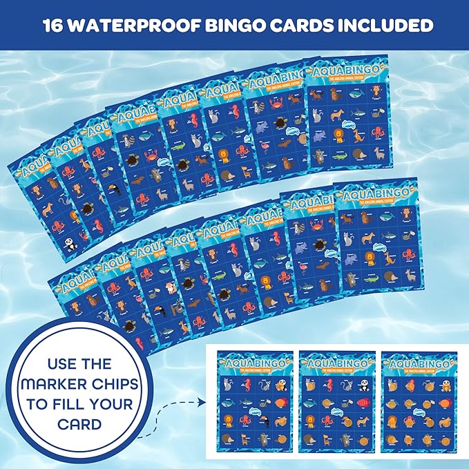 Pool Bingo Diving Game for Kids - Summer Party Fun Edition - Dive & Call 30 Sinking Animal Themed "Numbers", Fill Your Card- 150 Marker Chips &16 Double Sided Waterproof Play Cards & Bag, Gift
