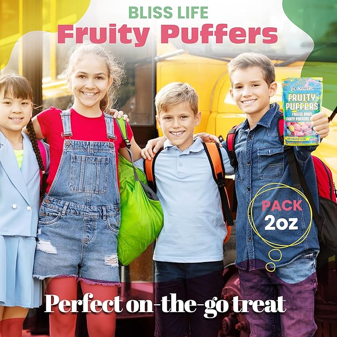 Bliss Life Fruity Puffers Freeze Dried Candy, Crunchy Sweet, For Parties, Classroom, Office, Goodie Bags, Snack for Kids (2oz)