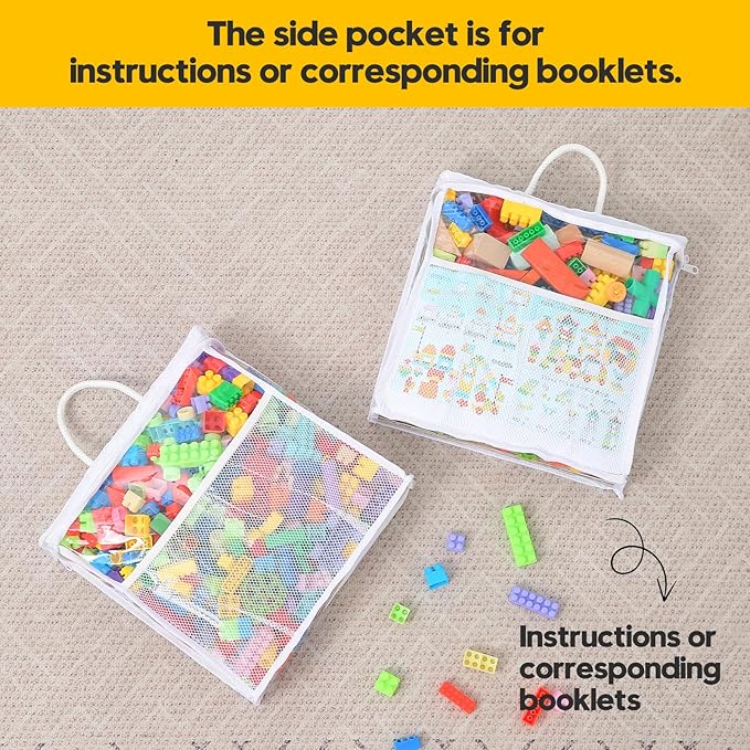 10 PCS Clear Zippered Toy Storage Bags with handle, Kids Toy Storage Organizer with Mesh Pocket for Instructions, Playroom Organizer Plastic Bags for Blocks Set Puzzles-White