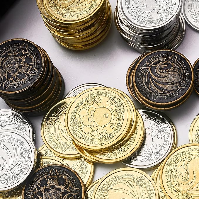 Metal Pirate Coins, 110 Pieces Lots of Toys Gold Coins for Board,for DND Props Accessories, Treasures and Treasure chests Fantasy Dragon Coinsfor RPG Tablelap