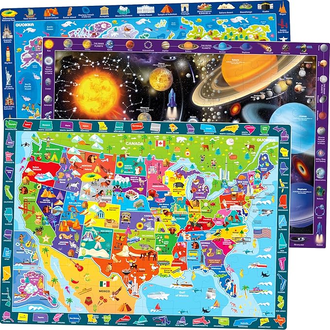 QUOKKA Puzzles for Kids Ages 4-6 - 3 Set 100 Piece Puzzles for Toddlers 3-5 - Learning Map of The United States World Space Puzzle - Educational Games for Kids 6-8 - Toys for 3 Year Old Boys and Girls