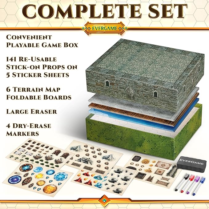 10 DND Game Mats and a lot More - Includes 6 Dungeons & Dragons Board Game Battle Maps (1" Hex Grid), Huge Size 22x26-4 3D Battle Arenas, 140+ Reusable Stickers, 4 Markers & Eraser, by EverGame