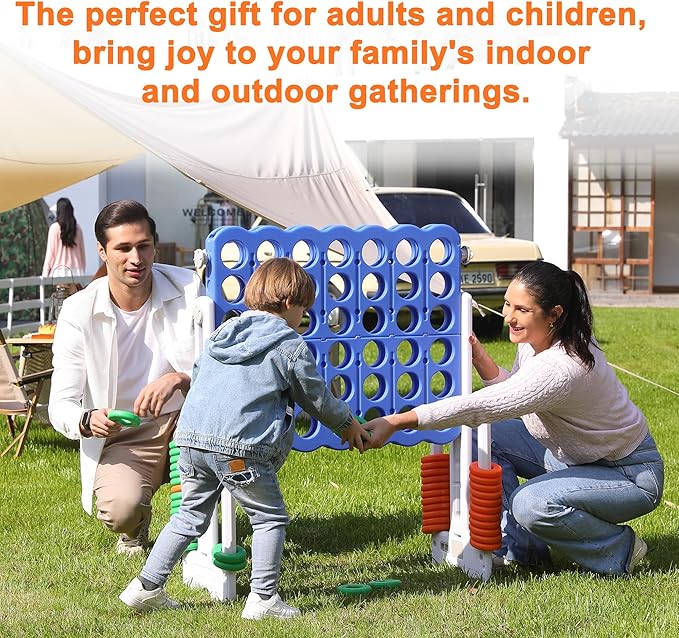 Giant 4 Connect in a Row Game, Height Adjustable Jumbo Yard Games for Kids and Adults Outdoor Play, Backyard Large Four Connect Floor Games, Patent Authorized (Blue/White)