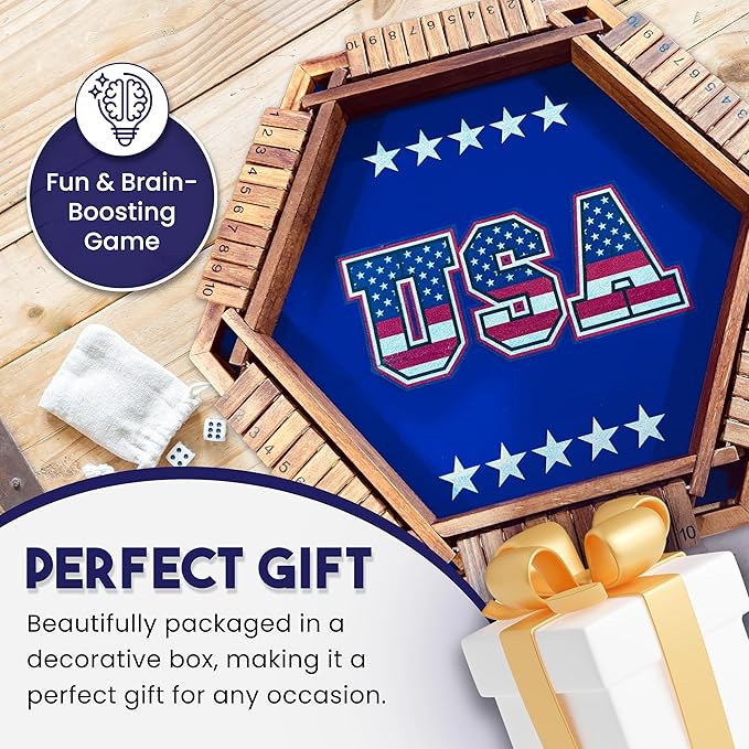 Sam & Evie Shut The Box Game for 1–6 Players | USA Design - Close The Box Game Wooden with 16 Colorful Dices | Easy to Play Classic Board Games for Adults, Families and Kids