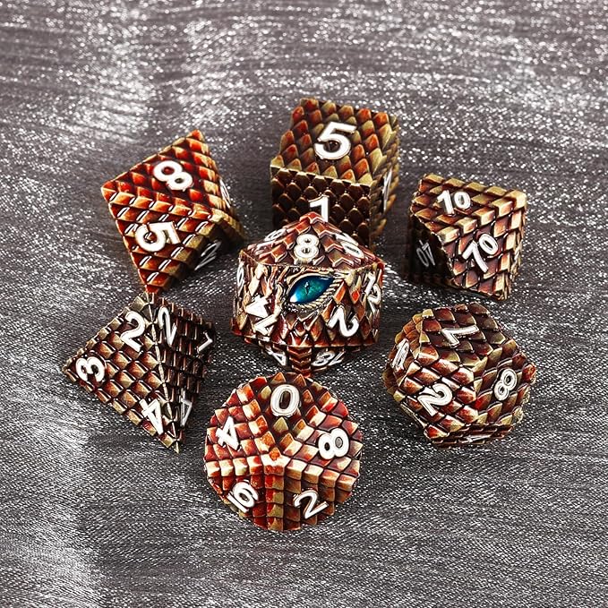 Metal Dice Set D&D,7 PCS Dragon Scale Metallic DND Dice Set,Dragon Eye Metal Dice with Grogeous Gift Case for Dungeons and Dragon Tabletop Game (Reddish Brown Dragon Scale & Cyan Eye)