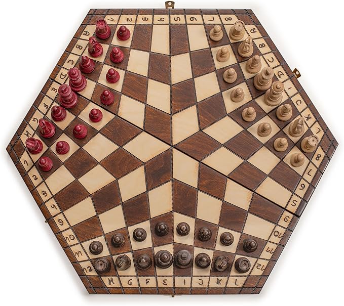 Husaria Wooden Three-Player Chess Game Set - 21 Inches - with Foldable Board, Handcrafted Playing Pieces, and Felt-Lined Storage