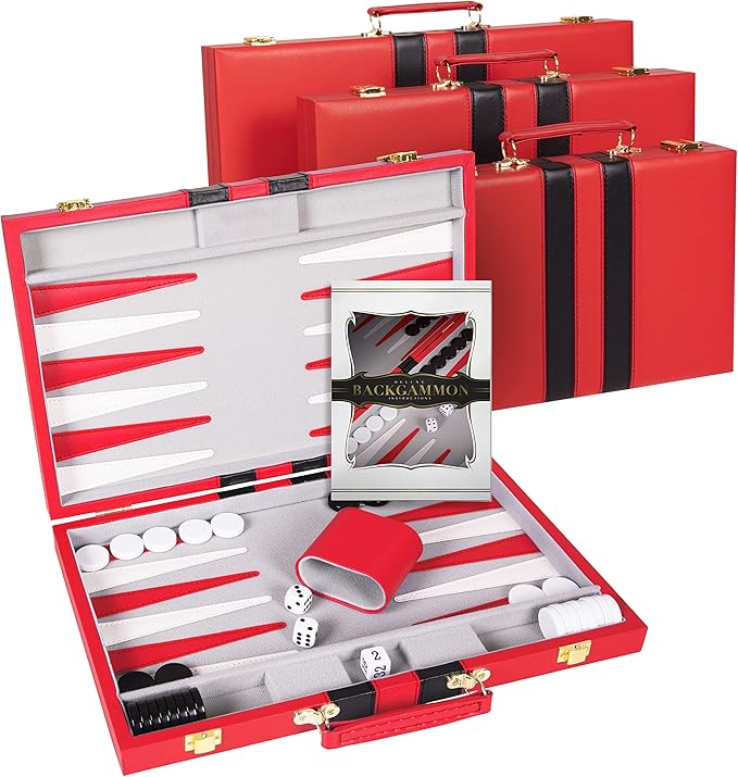 Backgammon Set 11 inch, Small - Classic Board Game for Adults and Kids with Premium Leather Case - Includes Strategy & Tip Guide (Red)